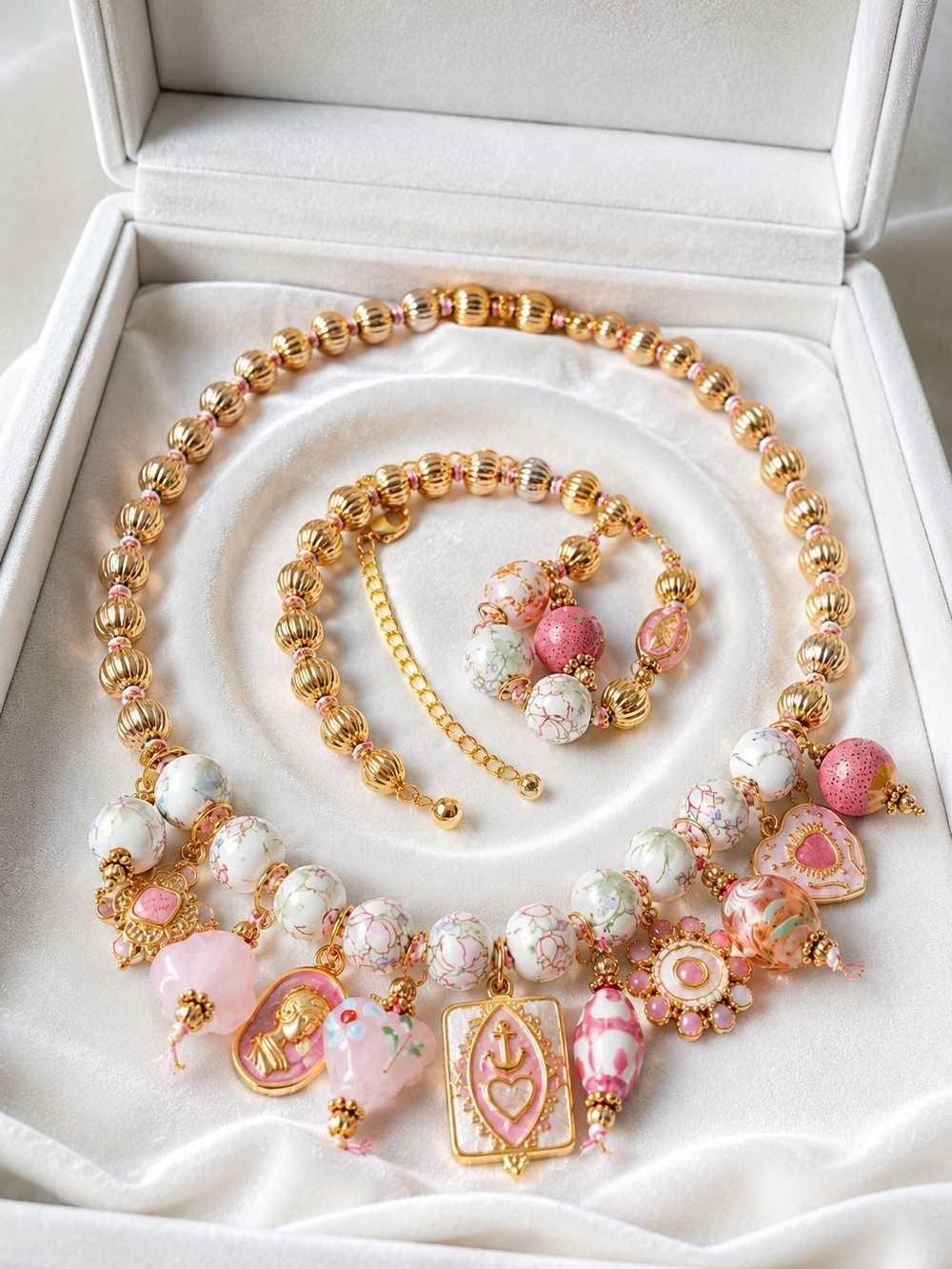 Pink and Gold Beaded Charm Necklace with Matching Bracelet - Picture 3 of 5
